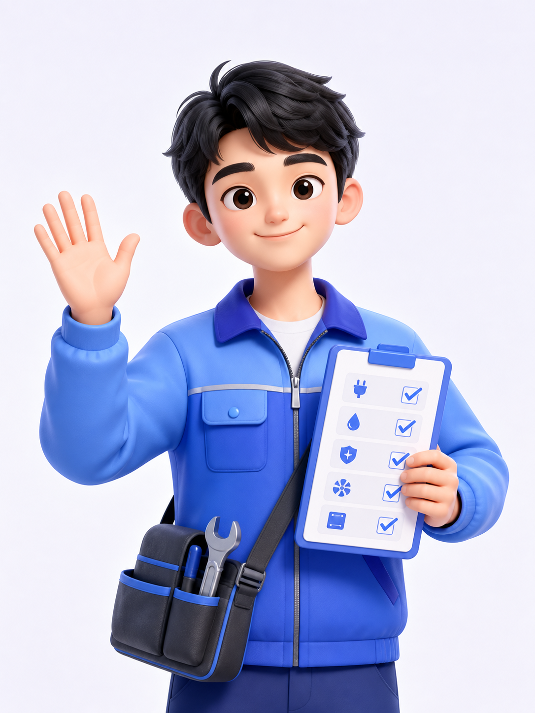 穿蓝色工服的滴个师傅，挥手向你问好